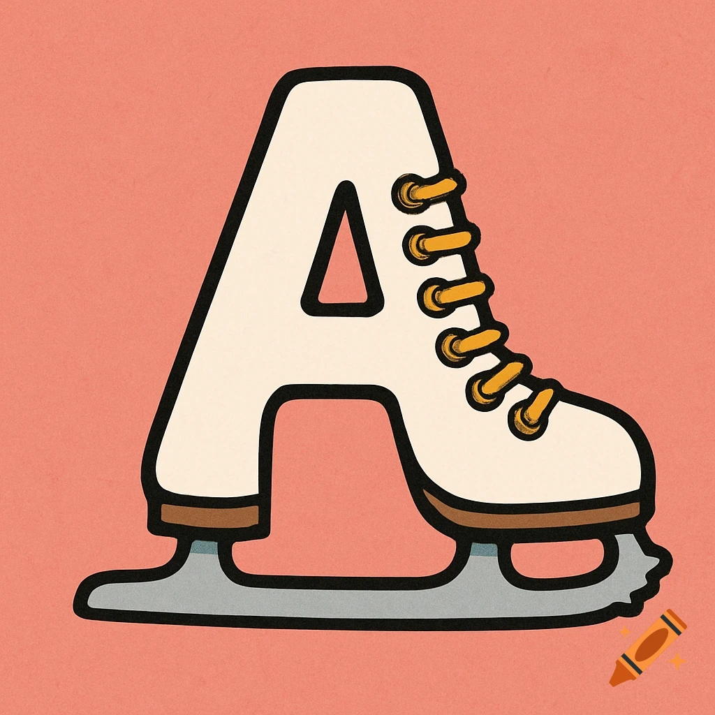 Cartoon illustration of the letter A shaped like a figure skate.