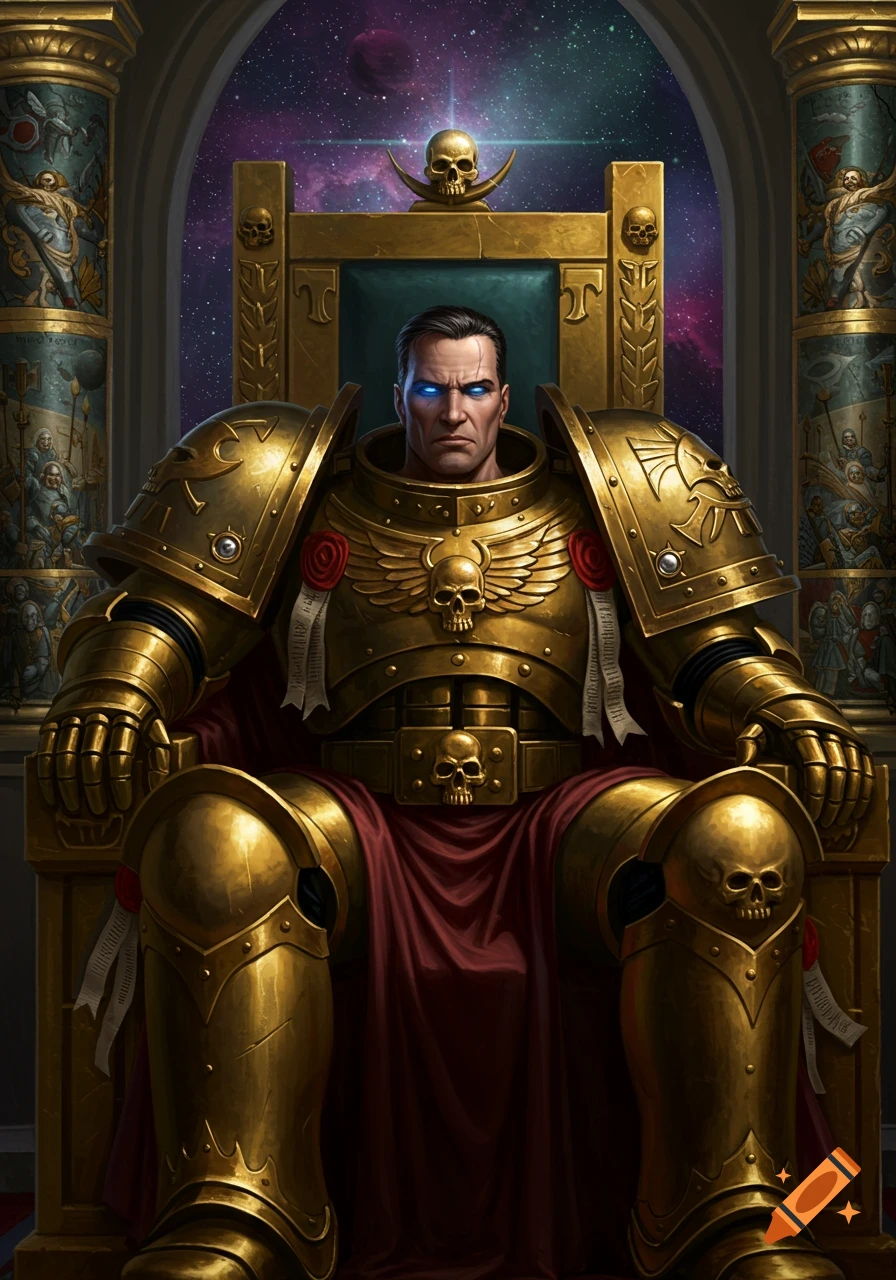 Man in golden armor on a throne in space