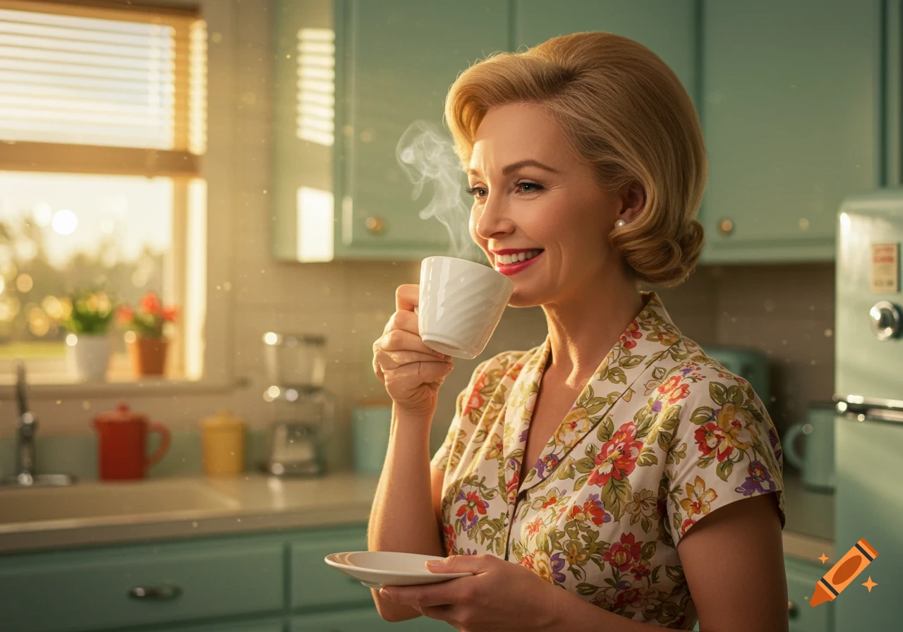 A woman with a vintage hairstyle and floral dress drinks coffee in a sunny kitchen.