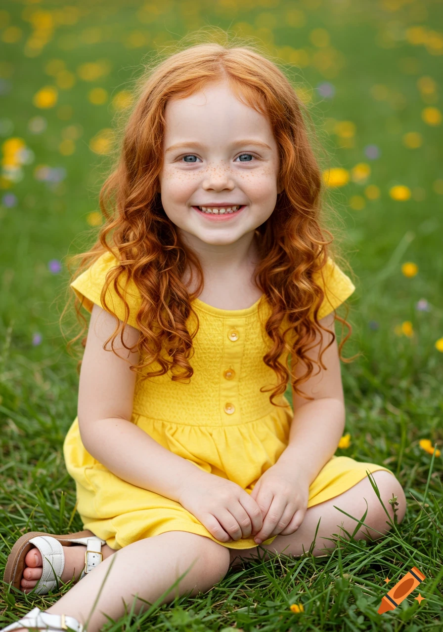 A smiling young girl with red curly hair and freckles sits in the grass ...