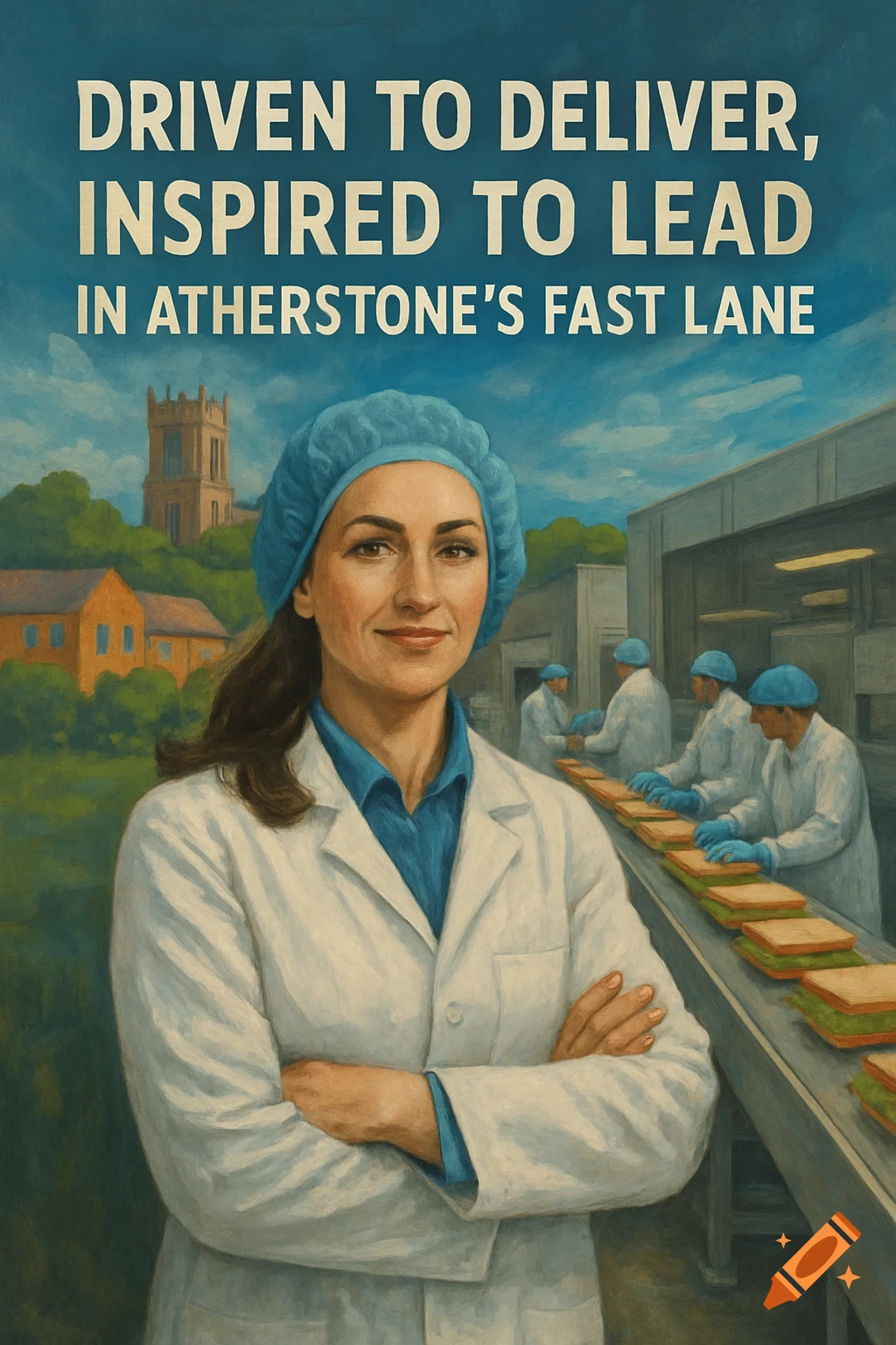 Illustration of a woman in a lab coat and hairnet in front of a factory and town, with text.