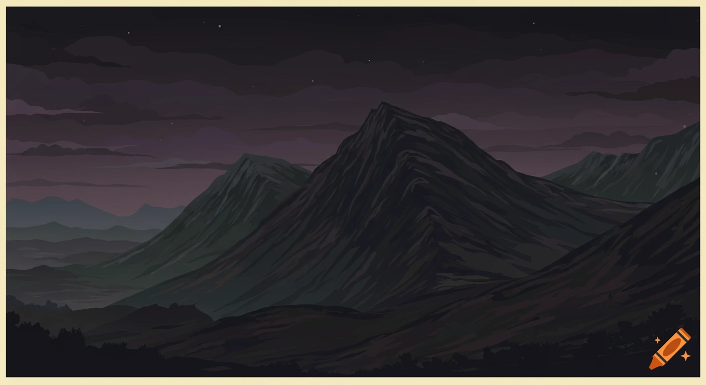 Vector art of dark mountains under a cloudy night sky.