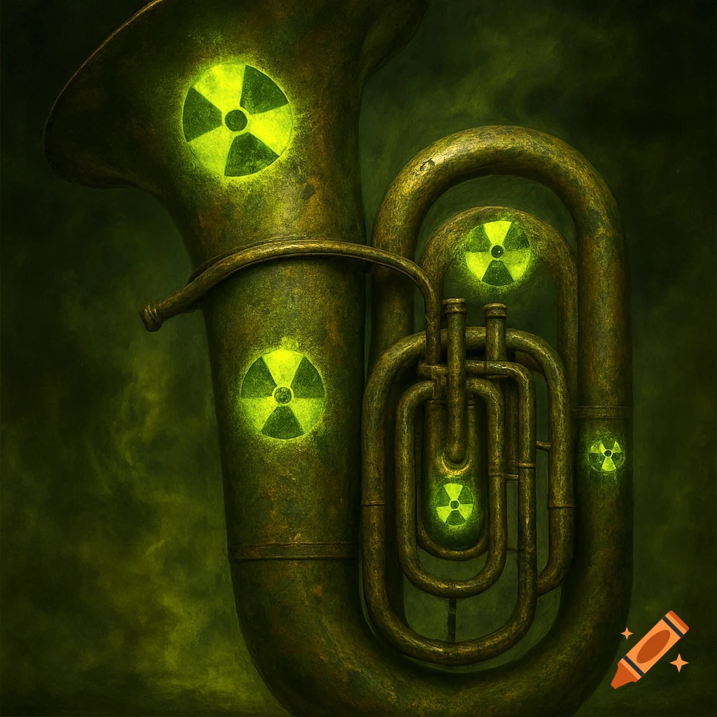 An irradiated tuba with glowing radiation symbols in a dark green atmosphere.
