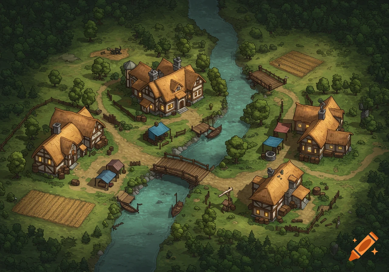 Isometric hand-drawn fantasy map of a village with river, bridges, houses, and fields.