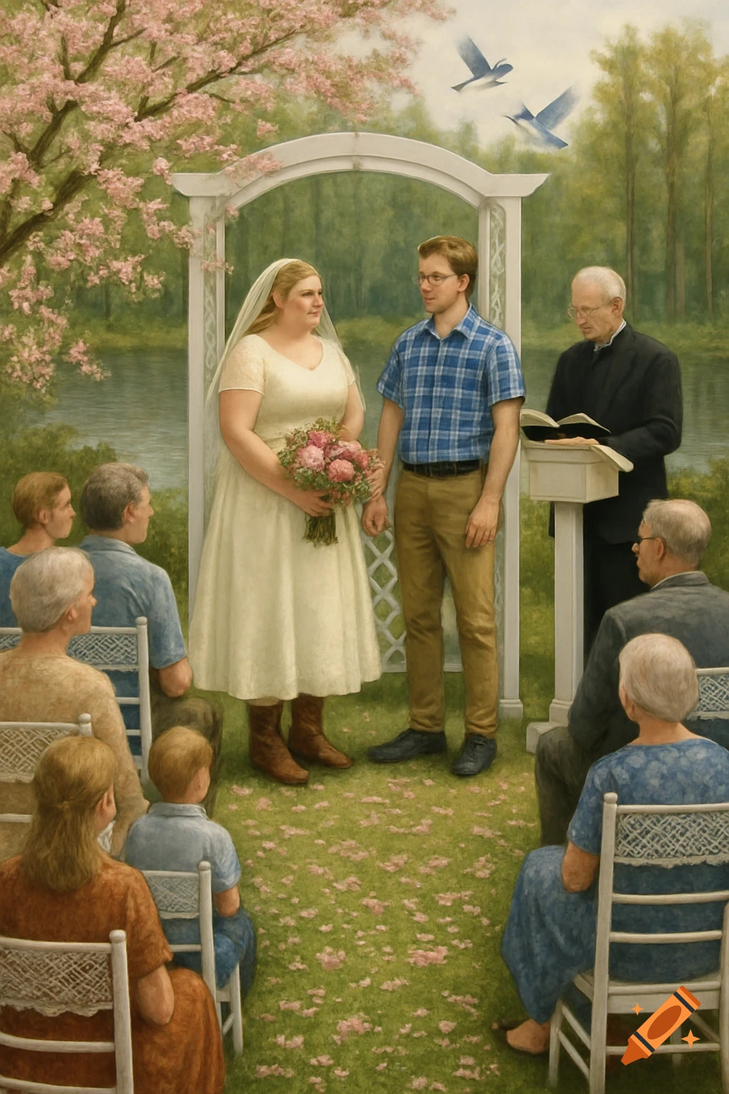 An outdoor wedding ceremony beside a lake with a bride, groom, priest, and guests.
