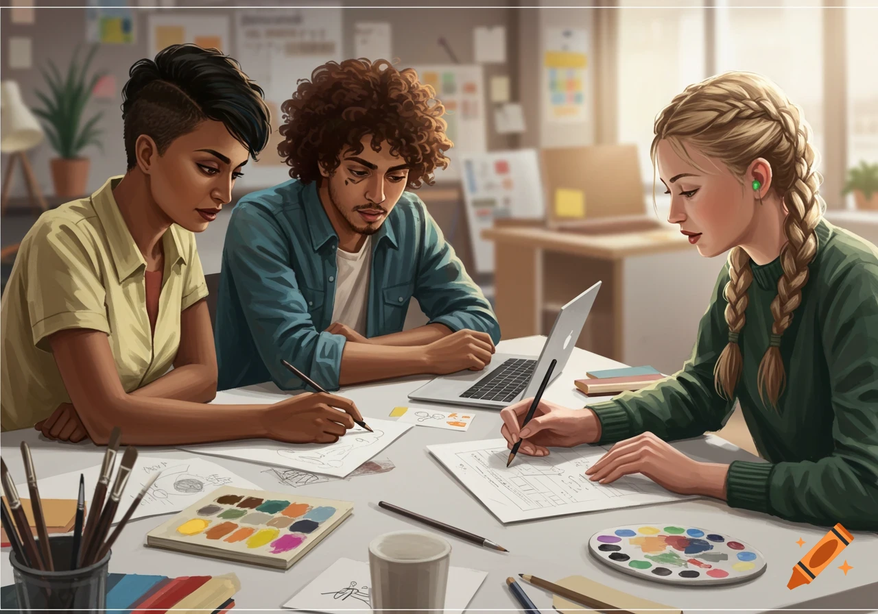 Three people collaborate at a table, drawing and using a laptop amidst art supplies.