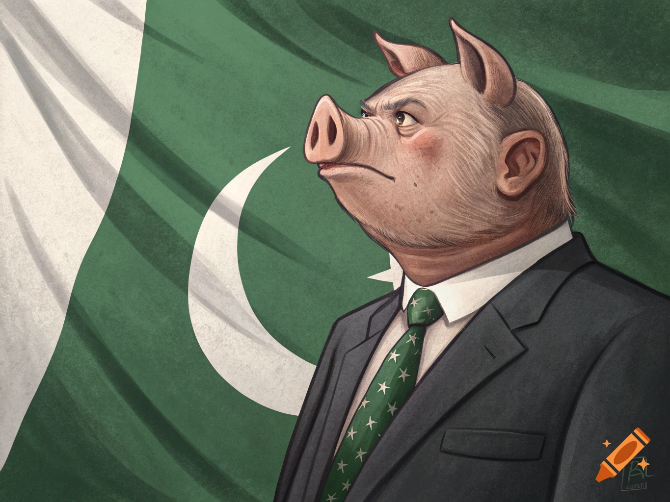 Illustration of a pig wearing a suit and tie standing in front of the Pakistani flag.