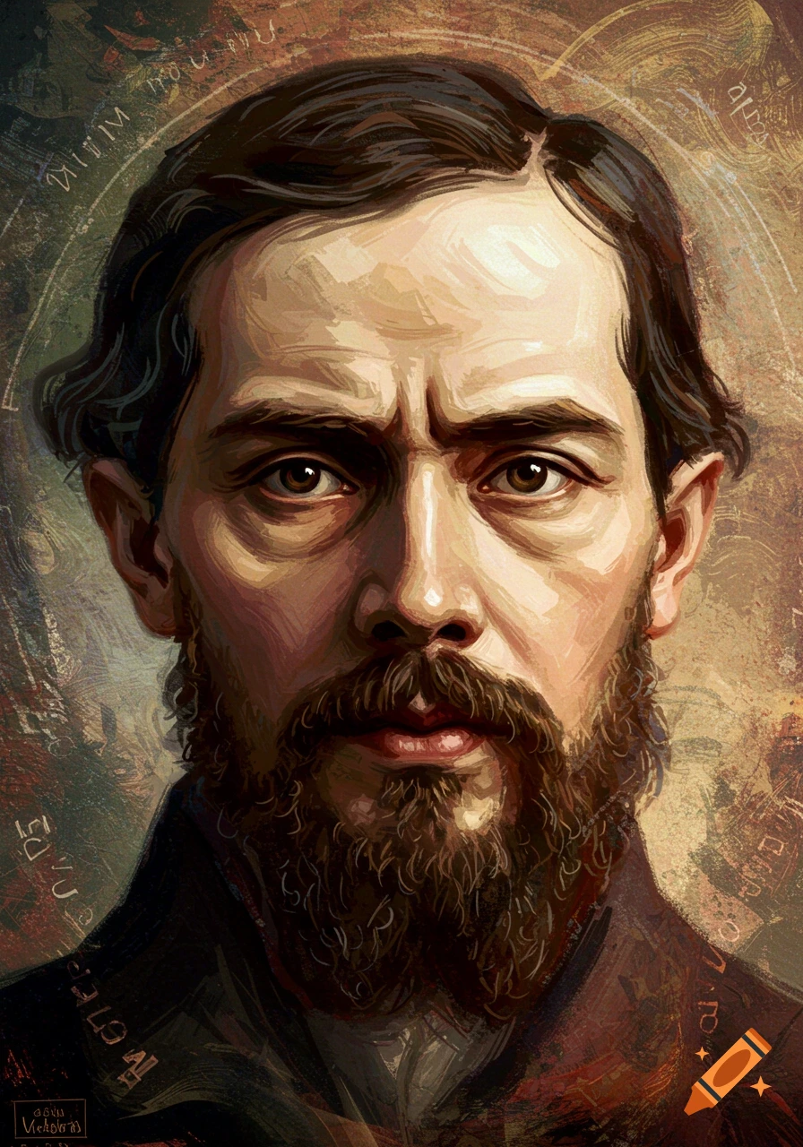 Stylized painted portrait of a bearded man with intense eyes against a textured background with faint symbols.