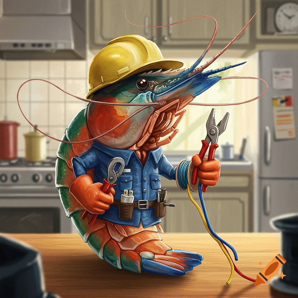 Cartoon shrimp dressed as an electrician holding tools in a kitchen
