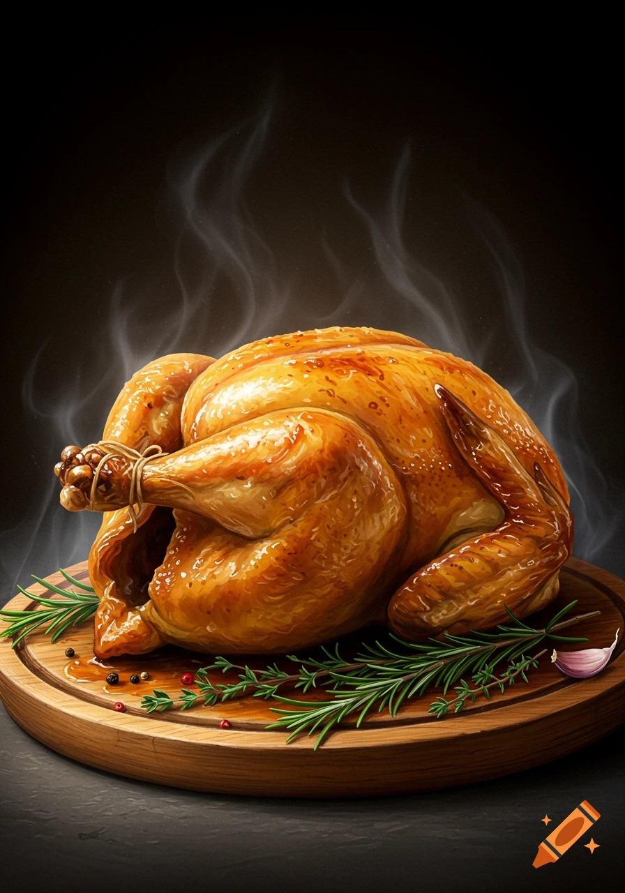 A golden brown roasted chicken on a wooden cutting board with rosemary, peppercorns, and garlic, with steam rising.