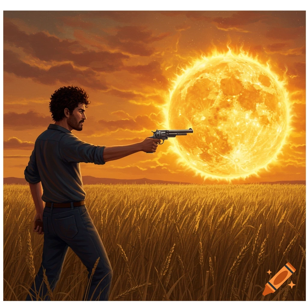 A man points a gun at a massive, glowing sun in a field of wheat under an orange sky.