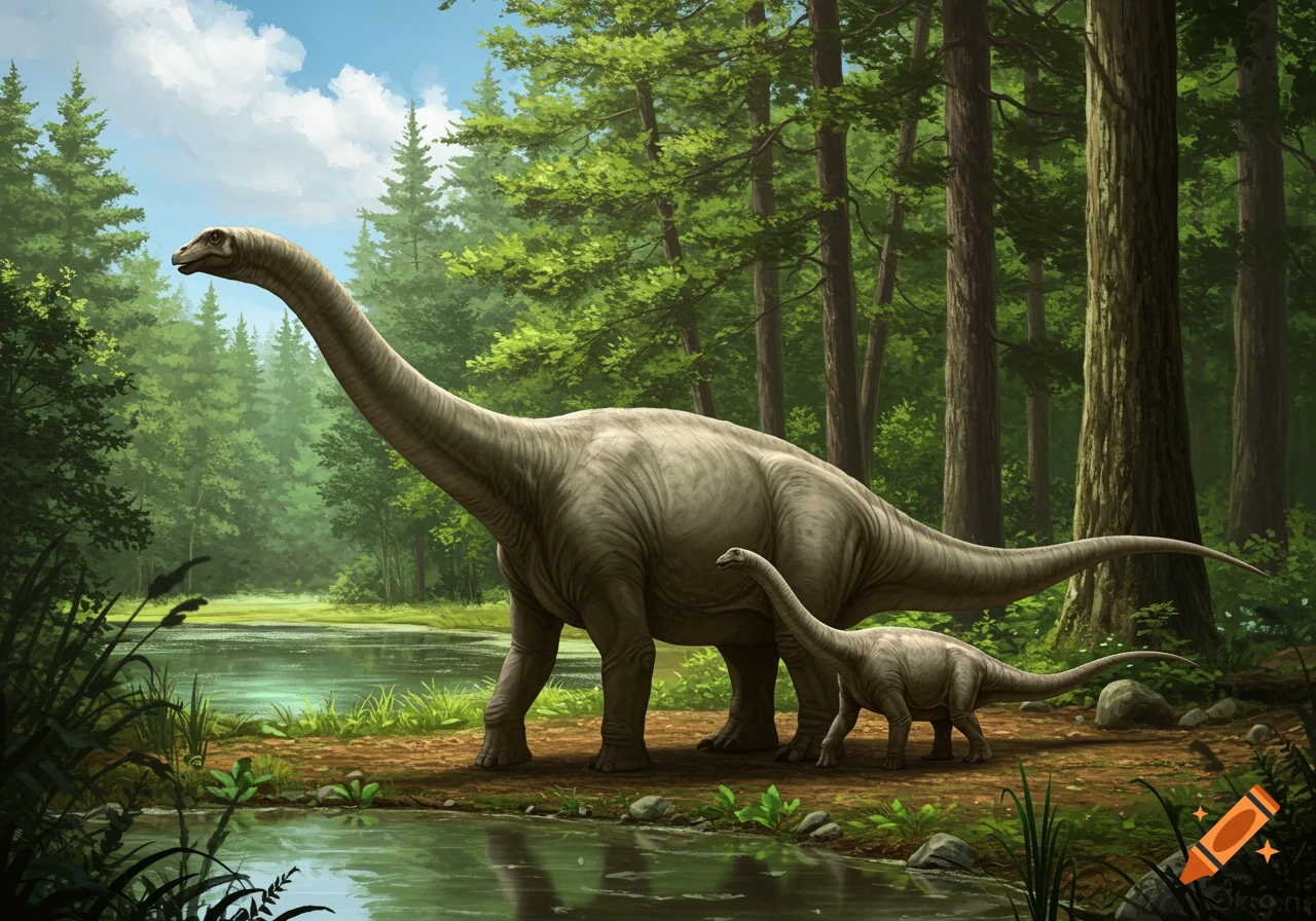 An adult and young Apatosaurus stand by a pond in a lush forest.