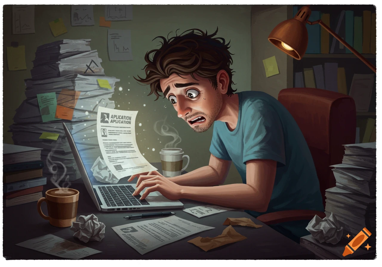 Cartoon illustration of a stressed man at a desk with papers and a laptop, looking at a job application.