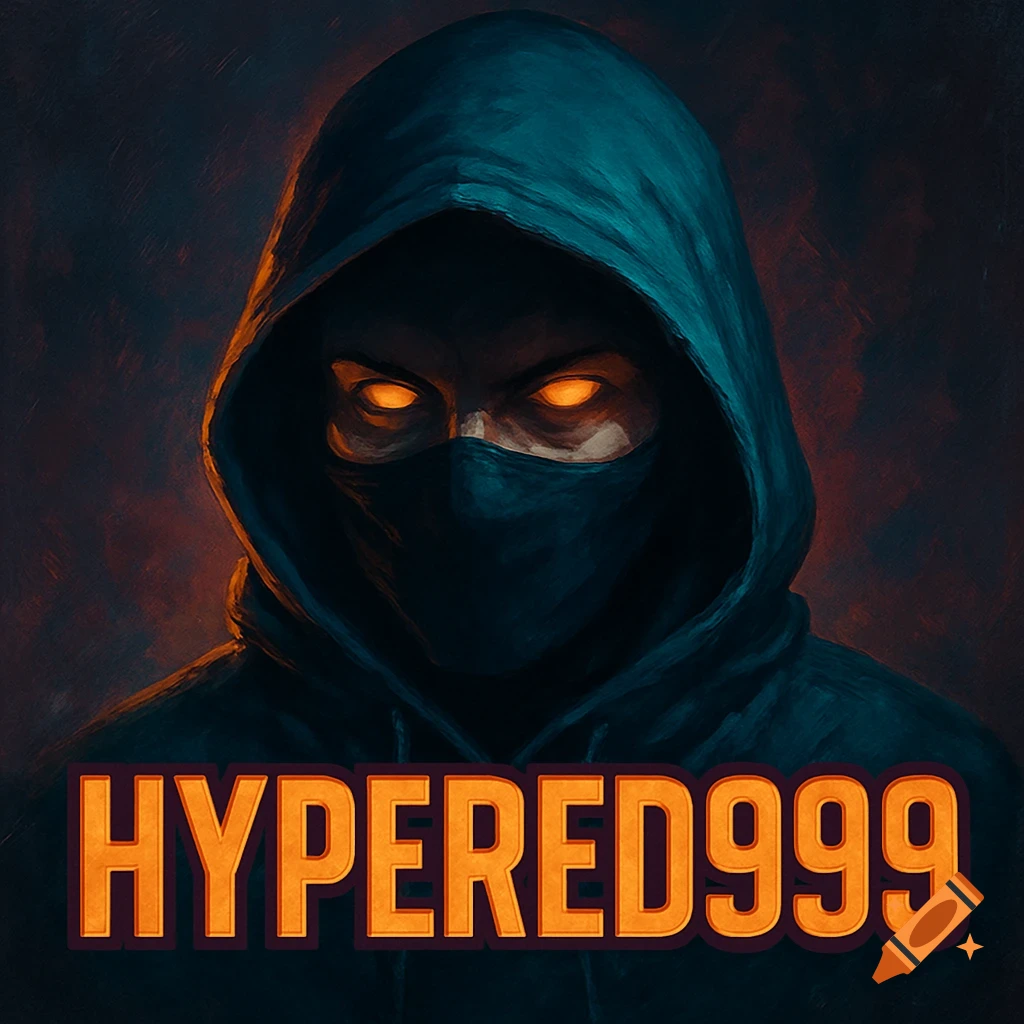 A hooded figure with glowing orange eyes and a face mask, with the text "HYPERED999" below in a digital art style.