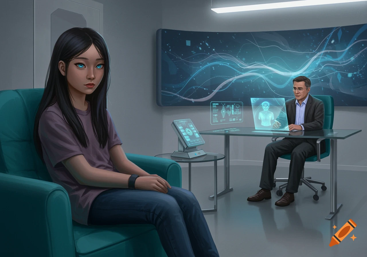 Young person sits across from therapist in futuristic office with holographic displays.