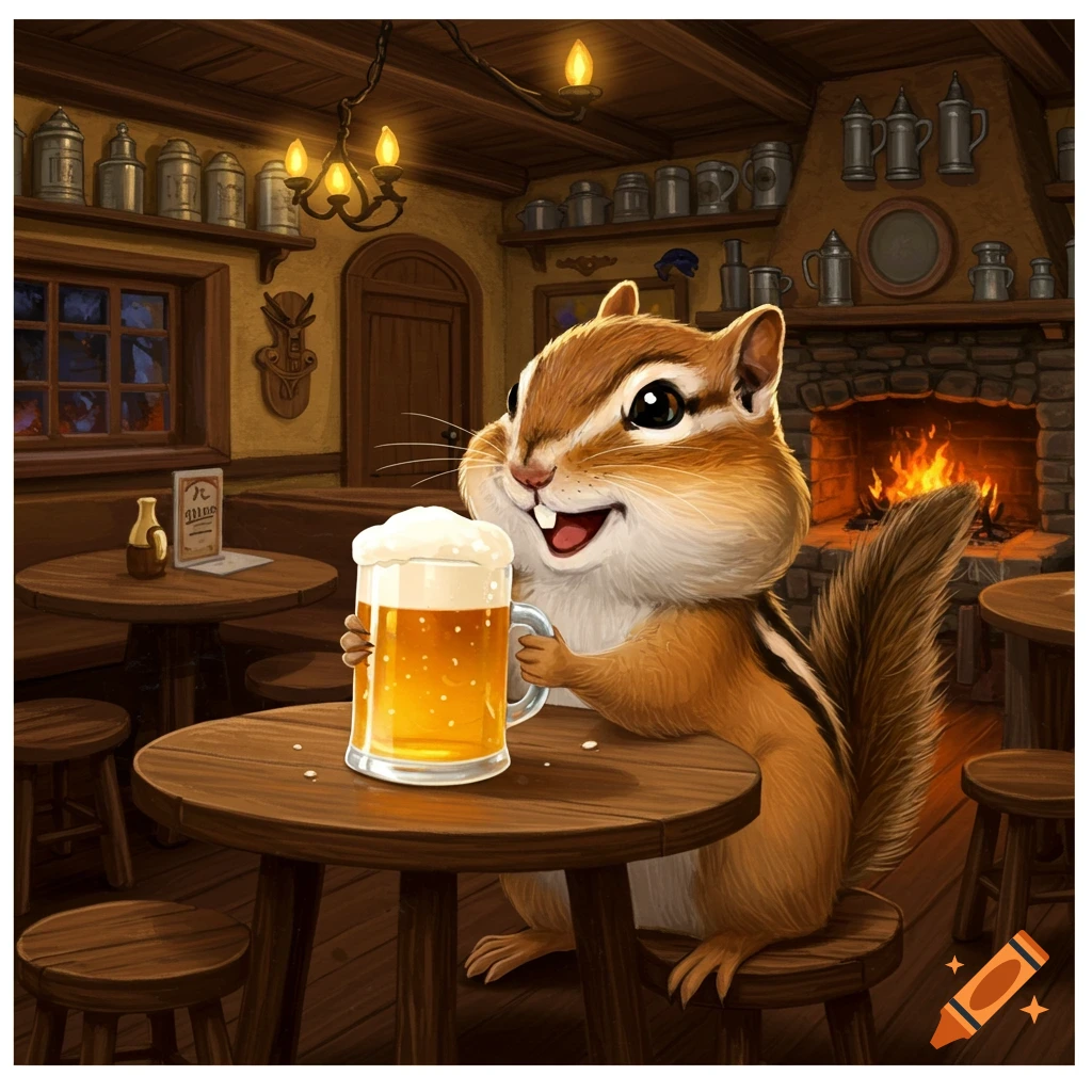 Cartoon chipmunk holding a glass of beer in a cozy pub.