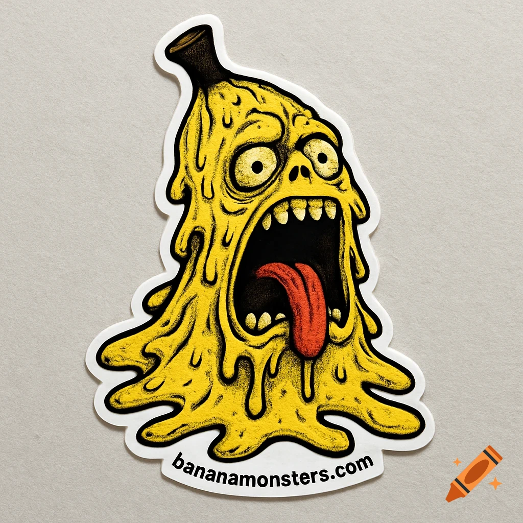 Die-cut sticker of a screaming melting banana monster.