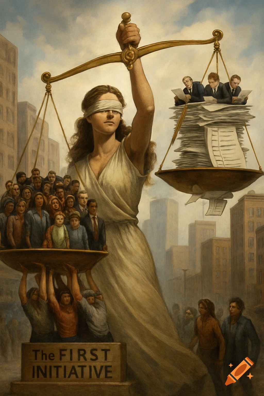 Painting of blindfolded Lady Justice holding scales with people on one side and papers with officials on the other, tilted scale.
