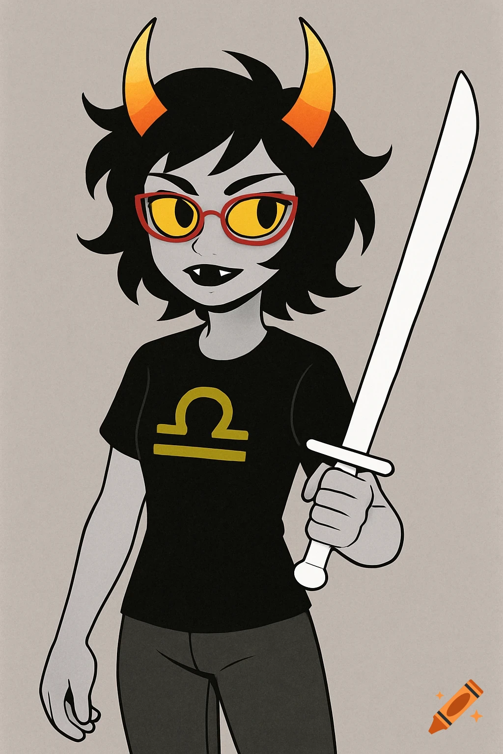 Stylized cartoon of a grey-skinned character with black hair, red glasses, and horns, wearing a black shirt with a yellow Libra symbol and holding a white sword.