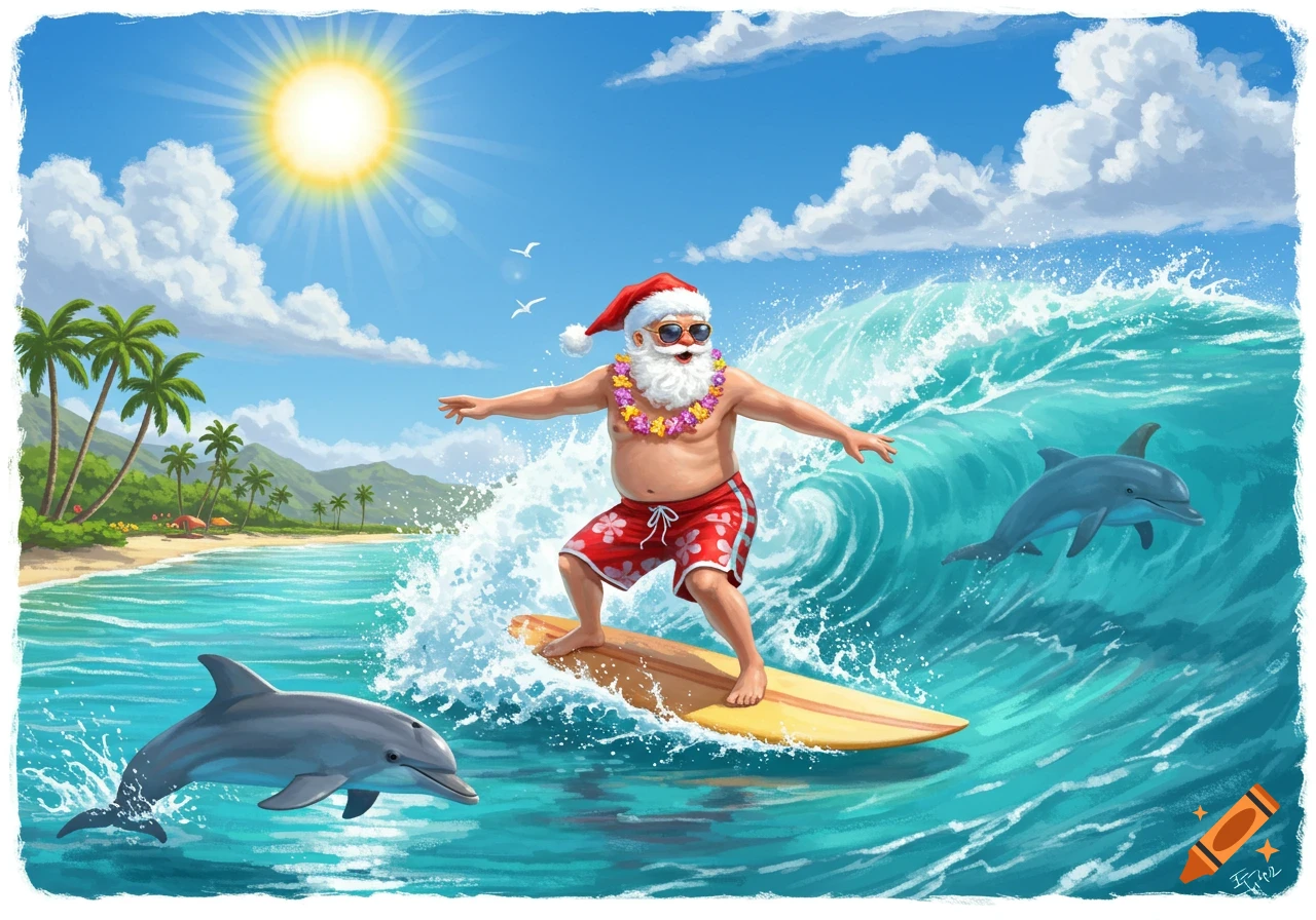 Illustration of Santa Claus surfing a wave near a tropical beach with dolphins.