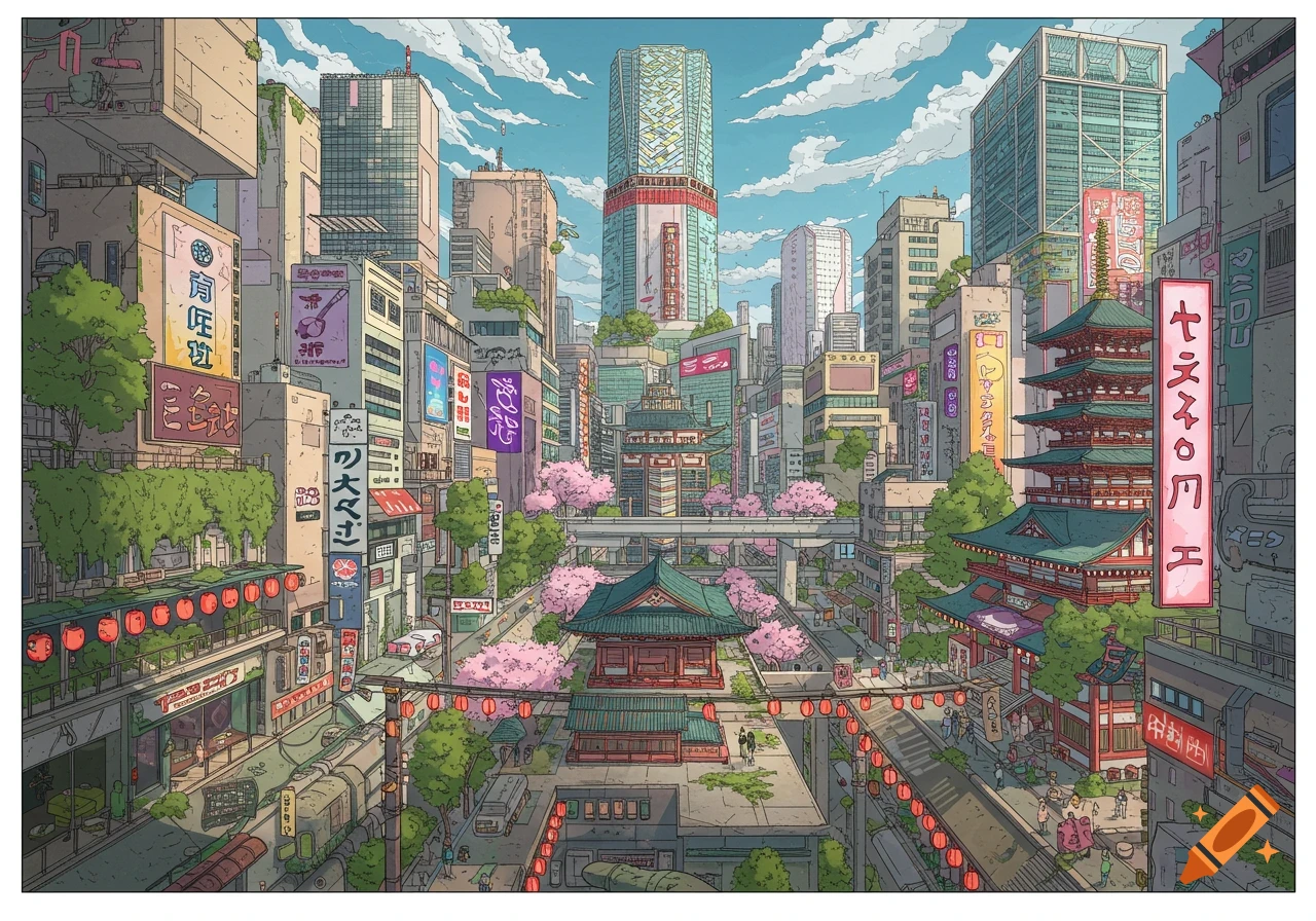 Stylized view of a vibrant Japanese cityscape with cherry blossoms, temples, and tall buildings.