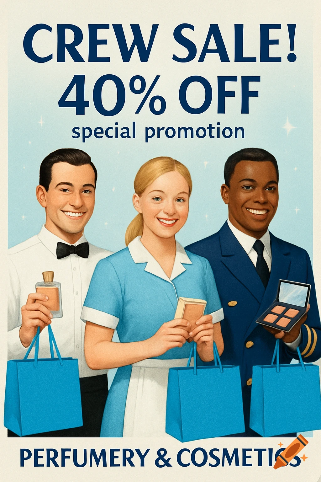 Retro poster advertising a crew sale on perfumery and cosmetics with three smiling crew members holding blue bags.