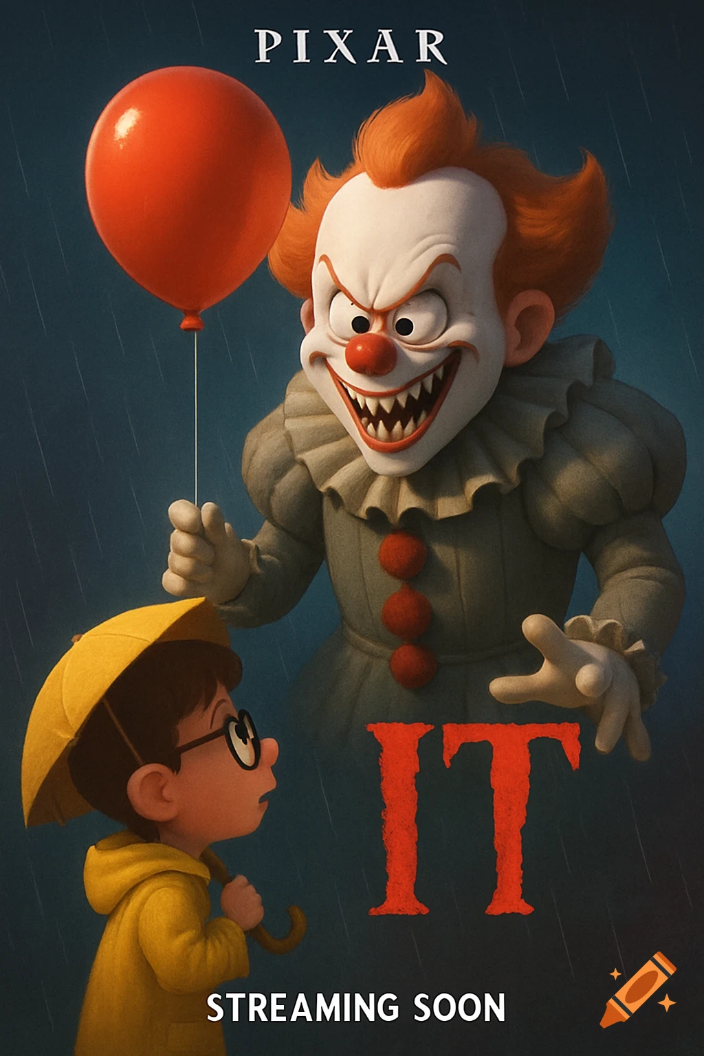 Cartoon movie poster for IT featuring a scary clown and a child in the rain with text 'PIXAR IT STREAMING SOON'.