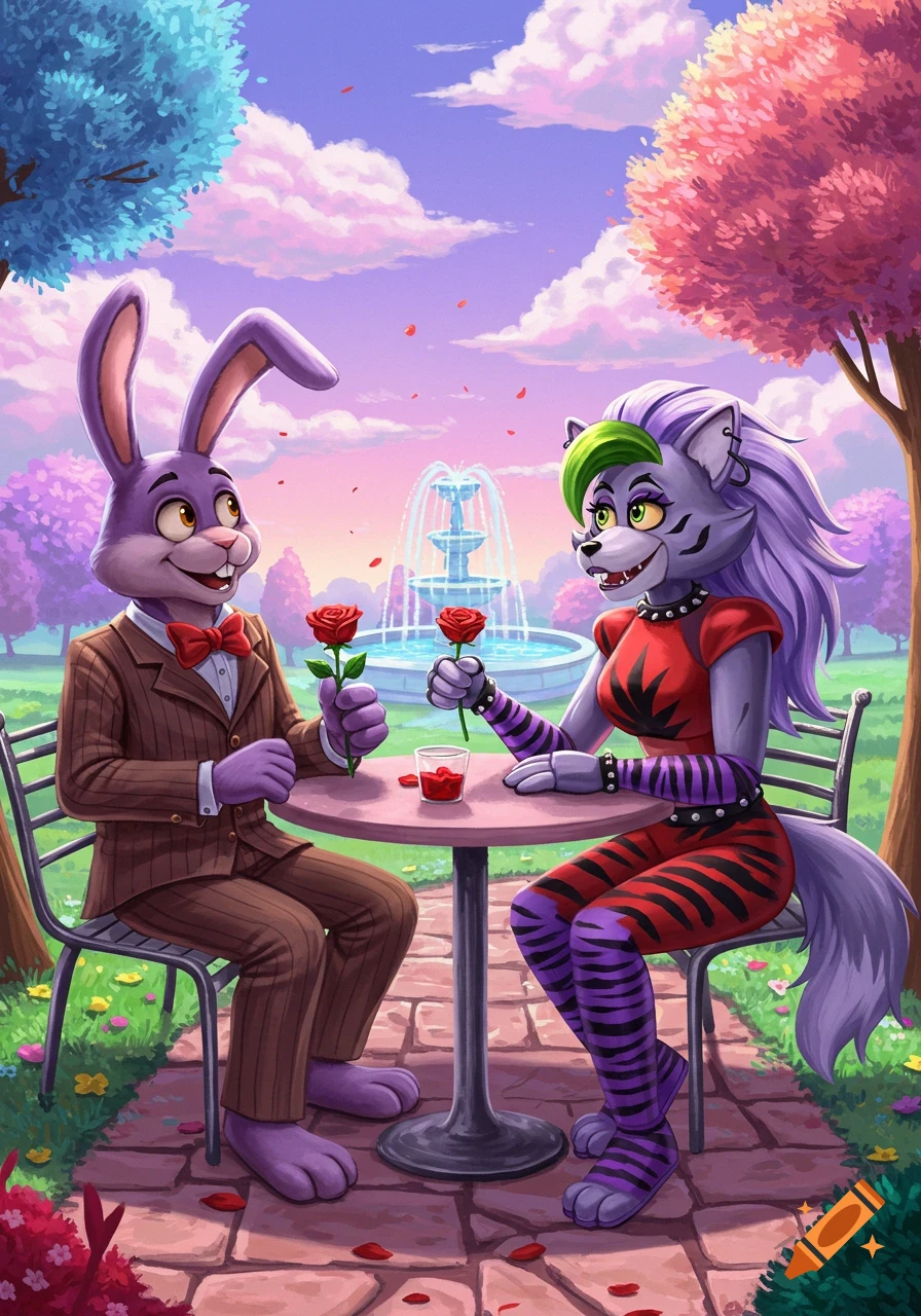 Cartoon image of Bonnie the bunny and Roxanne wolf on a date in a garden