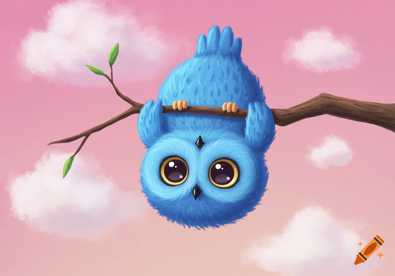 A cute cartoon blue owl hangs upside down from a tree branch against a pink sky with clouds.