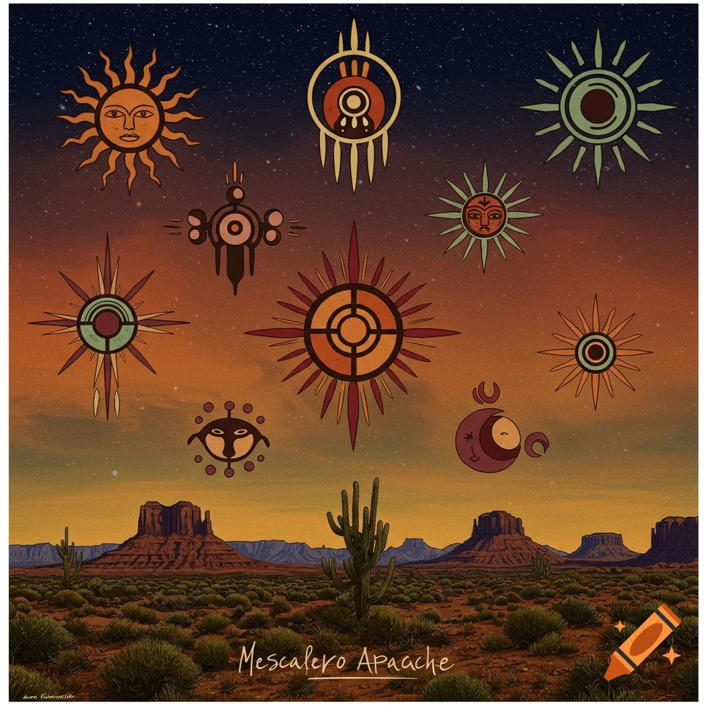 Southwestern desert landscape with mesas, cactus, sun symbols, and text 'Mescalero Apaache'.