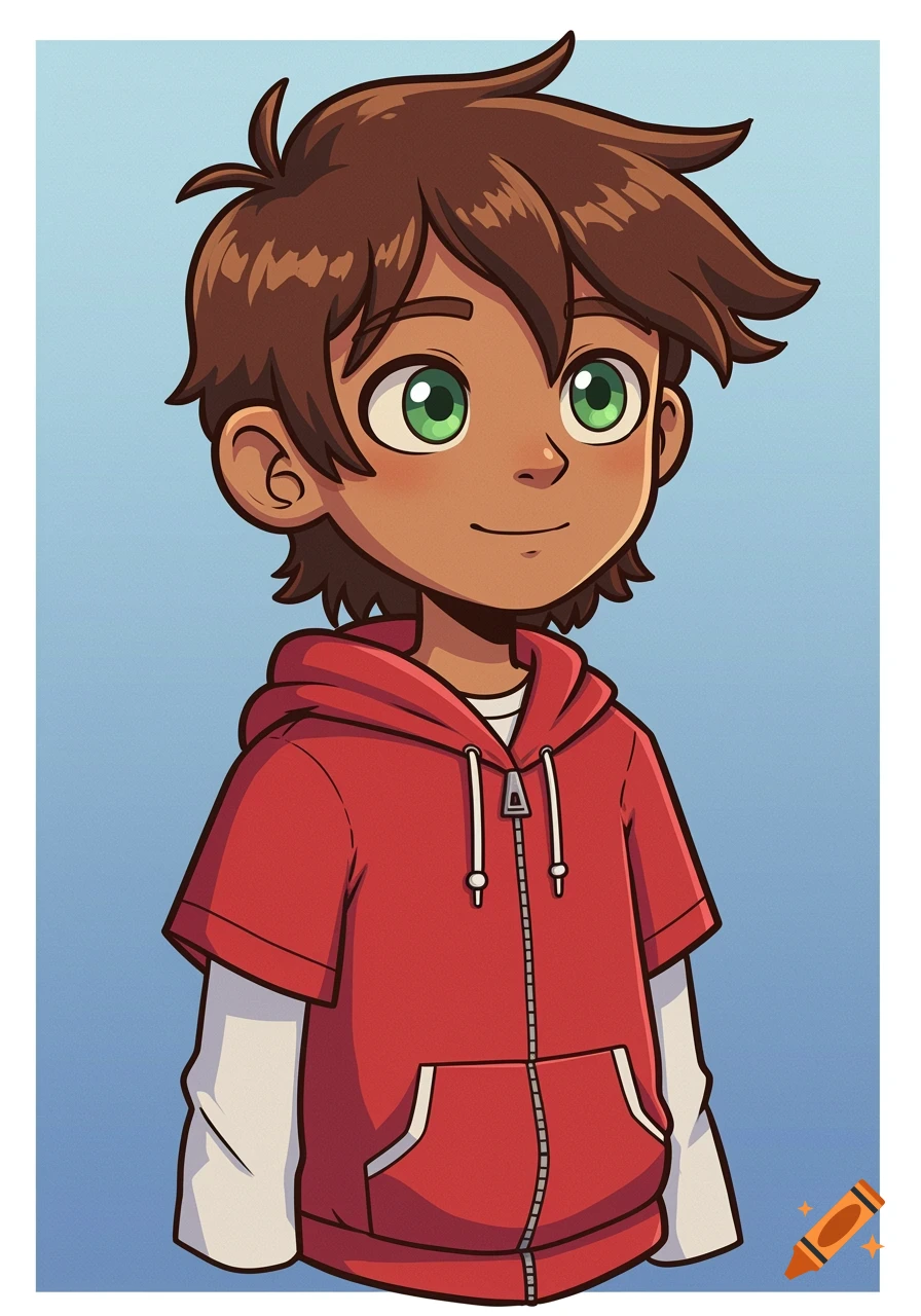 Cartoon portrait of a tan-skinned boy with brown hair and green eyes wearing a red hoodie over a white long-sleeved shirt.