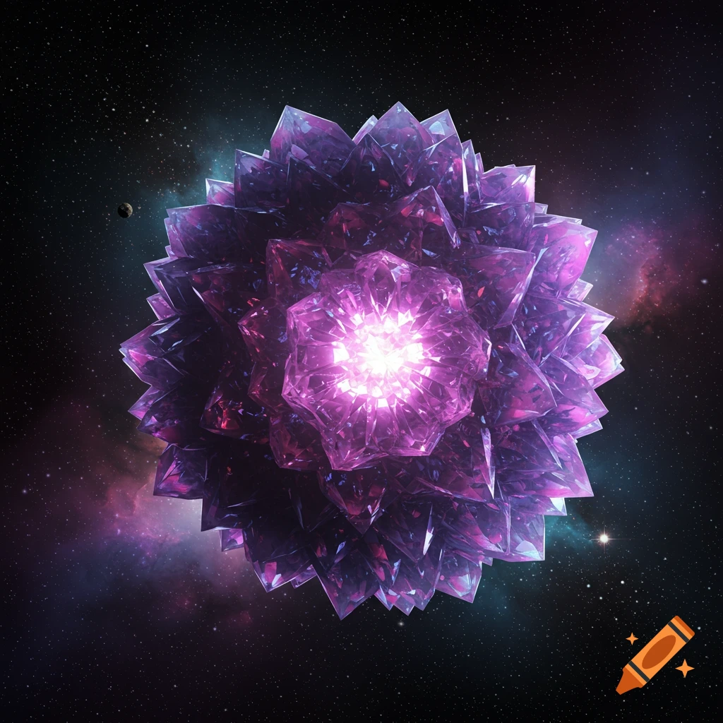 A large purple crystal object floats in deep space