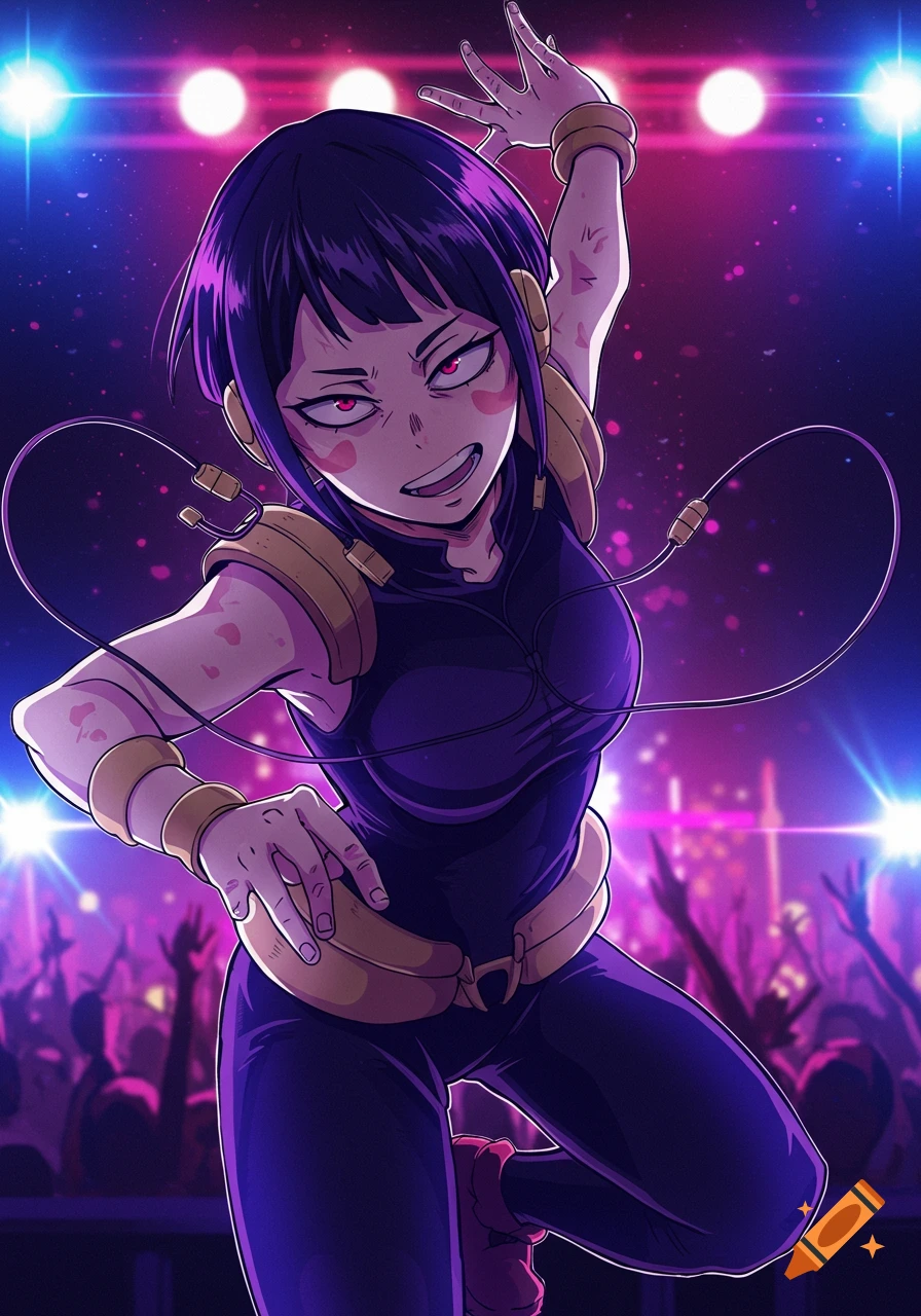 Purple-haired anime character performing on stage in concert lights.