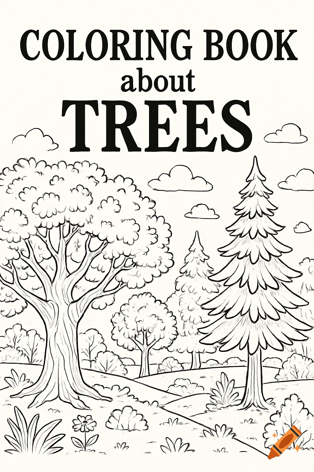 A black and white coloring book cover titled 'COLORING BOOK about TREES', featuring various trees in a landscape scene.