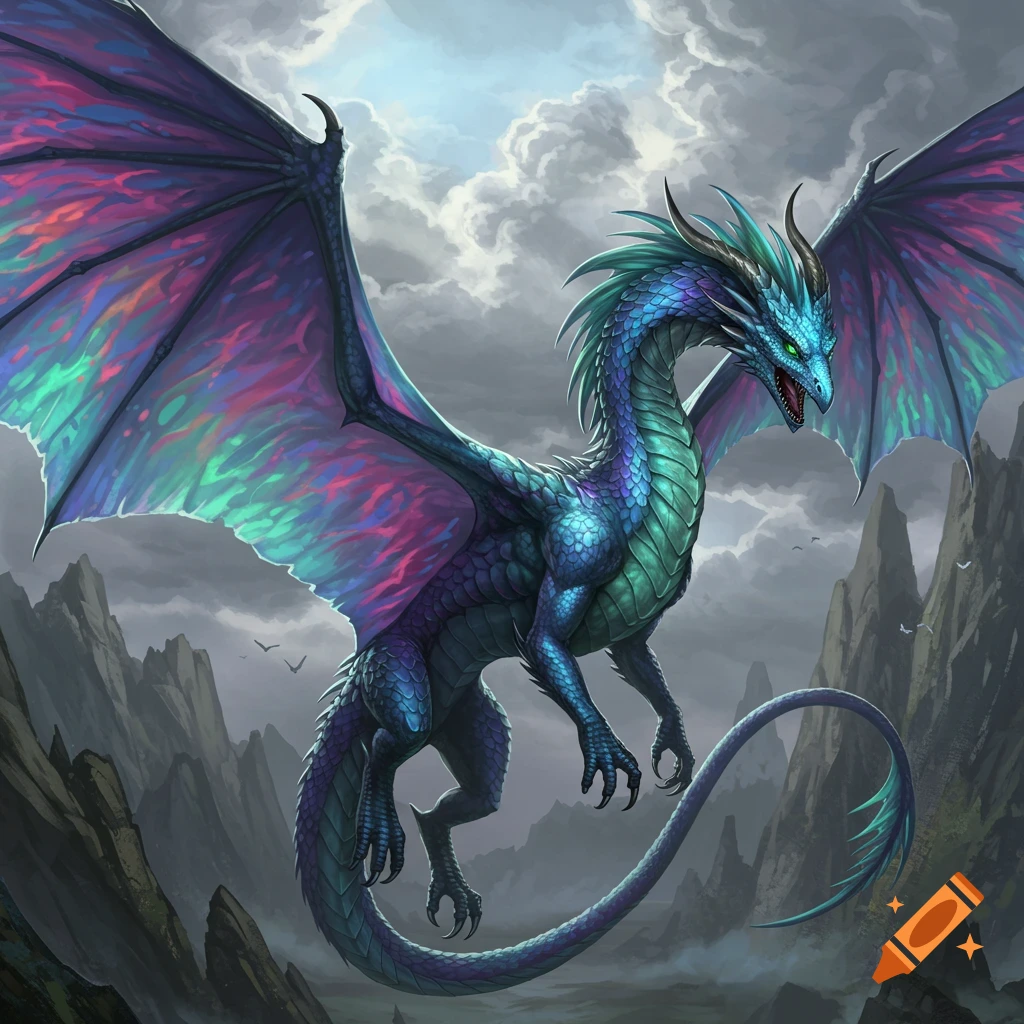 A blue and green dragon with iridescent wings flies over cloudy ...