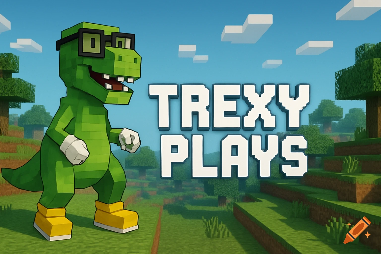 Cartoon blocky T-Rex with glasses, yellow shoes, and white gloves in a Minecraft-style world with the text TREXY PLAYS.