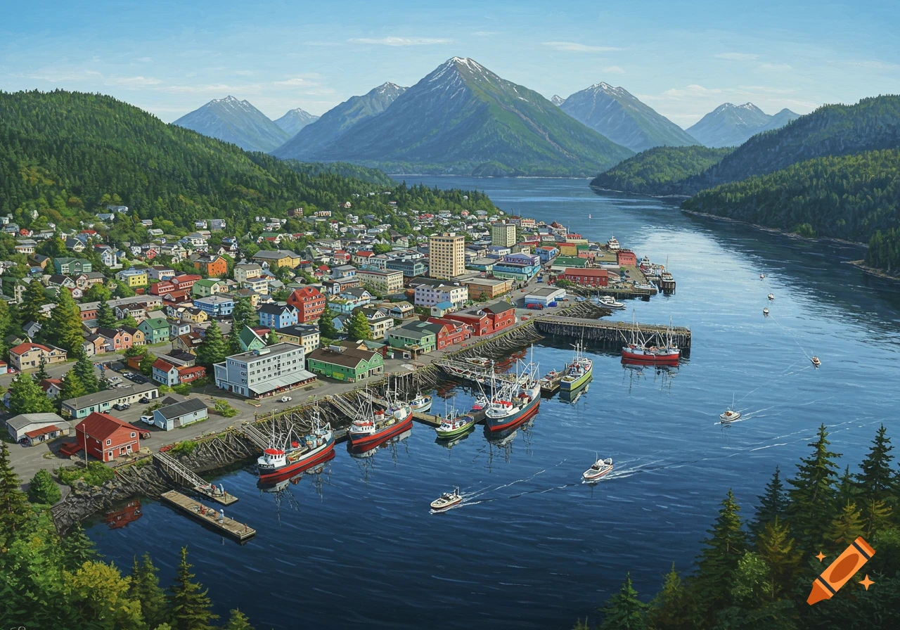Painting of a colorful town and harbor nestled between forested mountains along a river with boats.