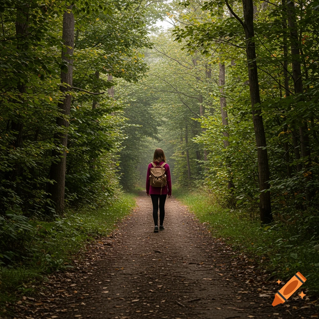 A person with a backpack walks down a dirt path through a dense forest ...