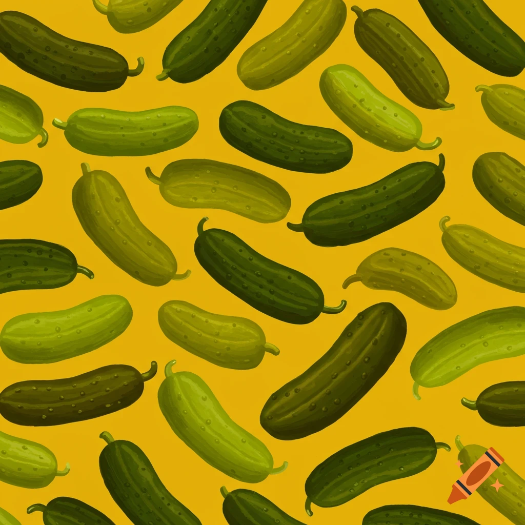 A repeating pattern of green cucumbers on a yellow background.