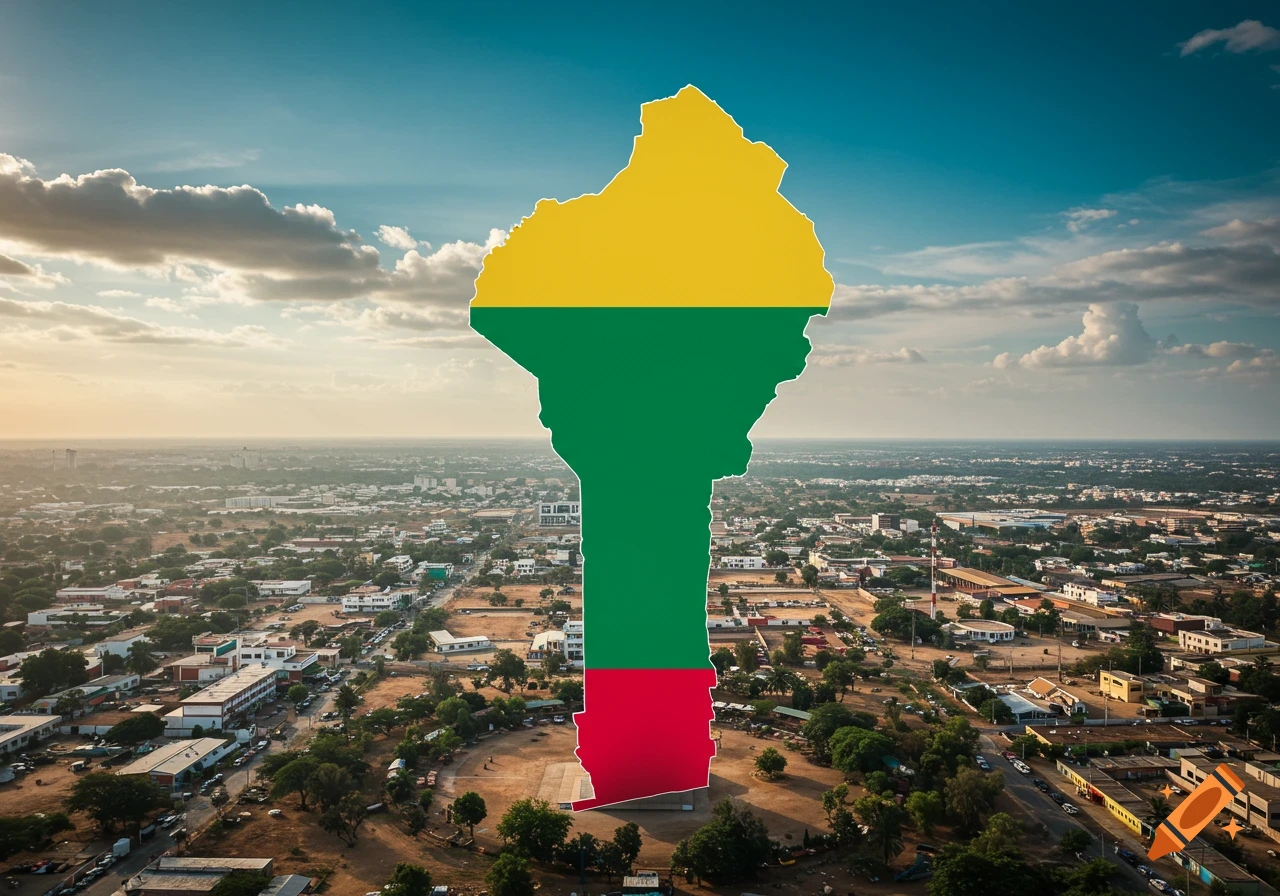 Map outline of Benin colored like the flag overlaid on an aerial city view at sunset.
