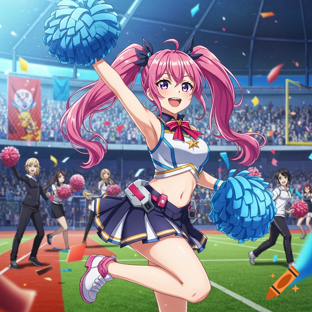 Anime girl cheerleader with pink pigtails and blue pom-poms poses in a stadium