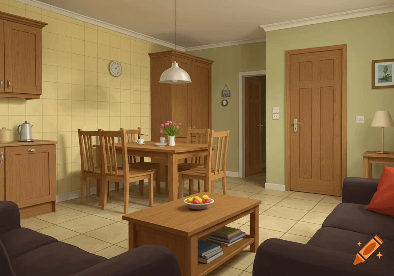 A rendered interior of a living and dining room with oak furniture.