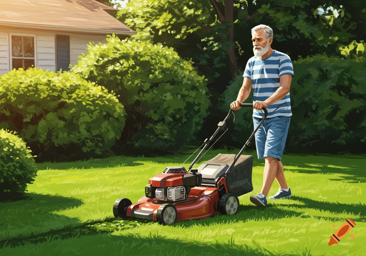 A bearded man mows a sunny green lawn with a red lawnmower, painterly style.