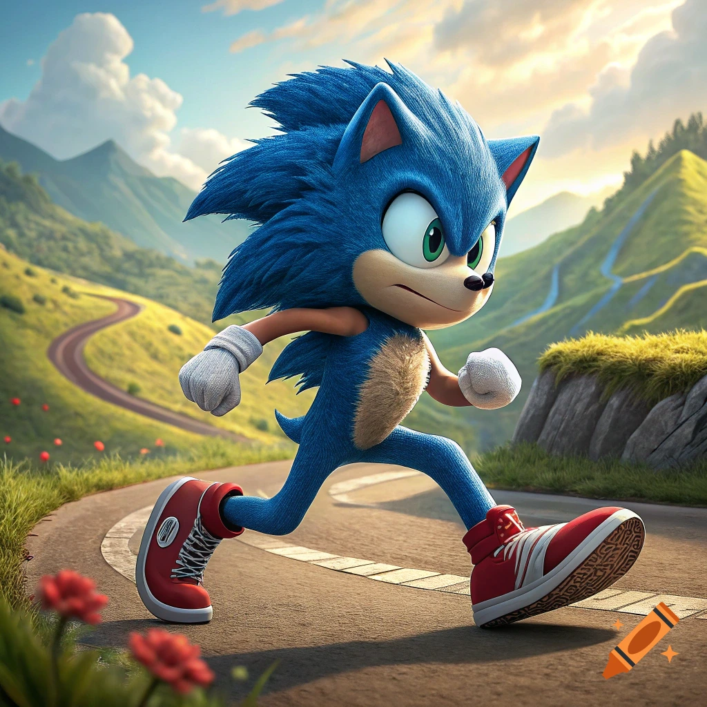 Sonic the Hedgehog running on a road in a hilly landscape.