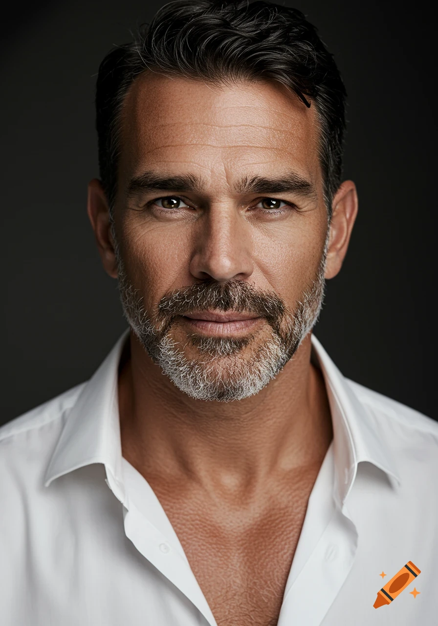 A studio portrait of a middle-aged man with dark hair and a beard, wearing a white shirt.