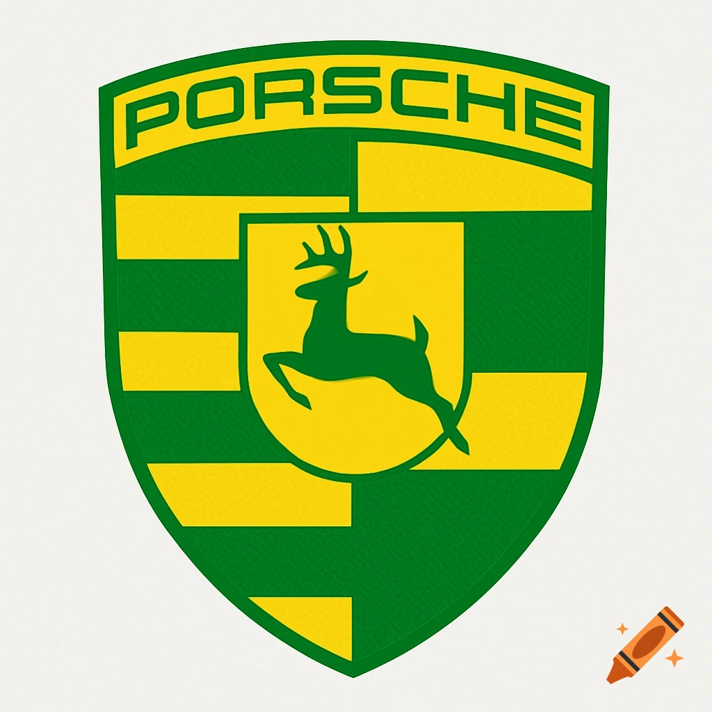 A logo shield combining Porsche and John Deere elements, with green and yellow stripes, a leaping deer, and 'PORSCHE' text.