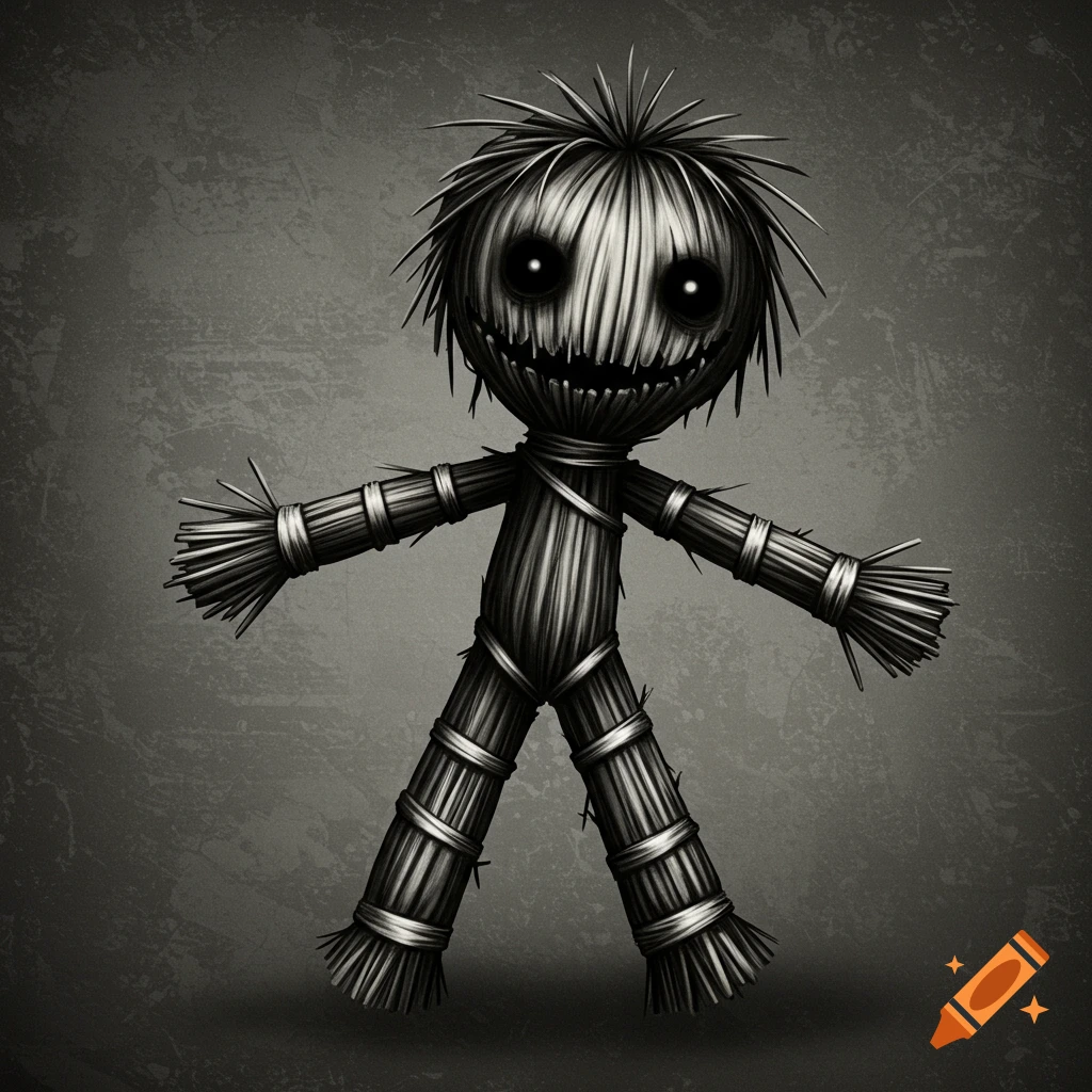 A creepy black and white illustration of a straw doll with button eyes and a jagged mouth.