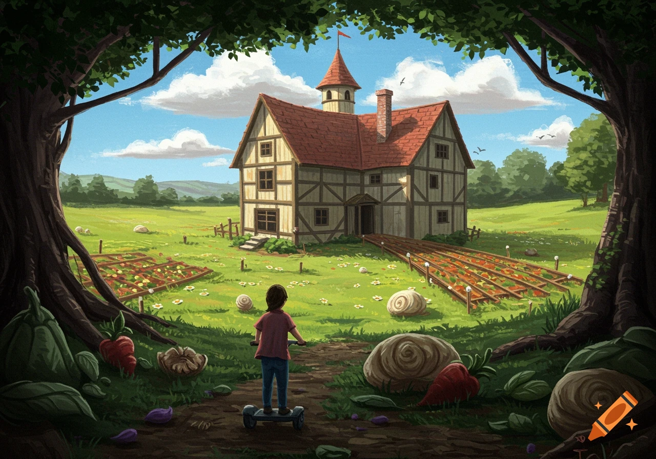 Illustration of a child on a hoverboard in a surreal field filled with giant vegetables and snail shells, with a house in the background.
