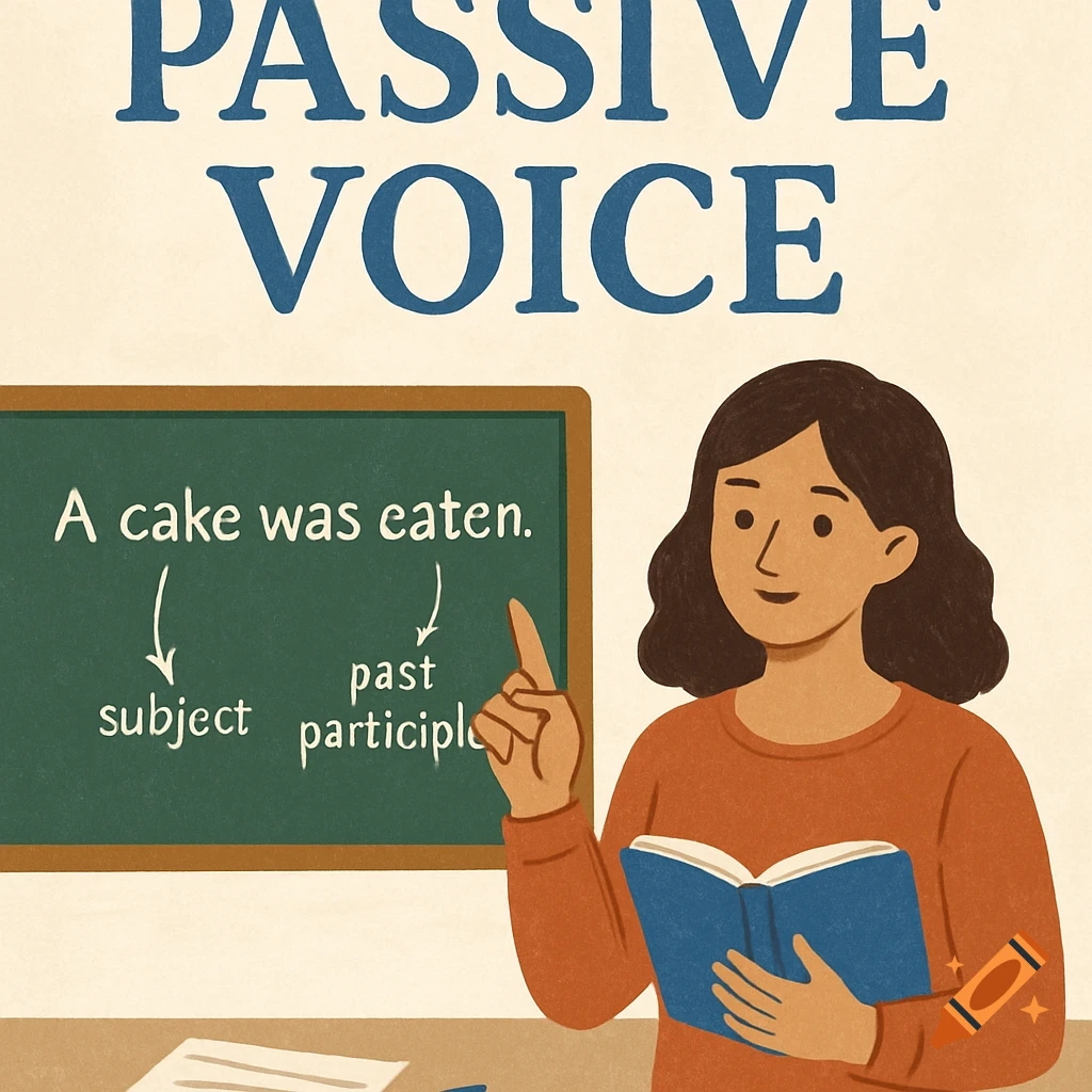 Illustration of a teacher explaining passive voice on a blackboard.