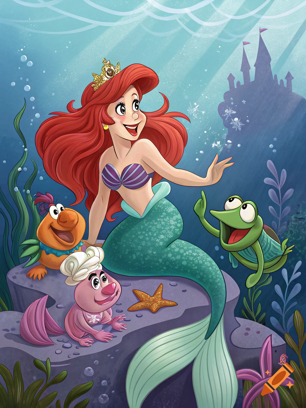 Cartoon illustration of Ariel the Little Mermaid underwater with Muppet-like characters and a castle in the background.